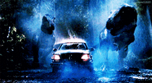 a car is driving through a dark forest with two dinosaurs behind it and the number kane52630 on the bottom