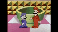 two cartoon characters , mario and luigi , are standing next to each other in front of a large pipe .