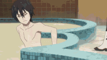 a shirtless anime character is taking a bath in a tub