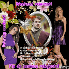 a woman in a purple dress is standing next to a man in a picture frame