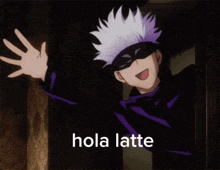a cartoon character with white hair and a black mask says hola latte