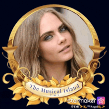 a picture of a woman in a gold frame with the words " the musical island " on it