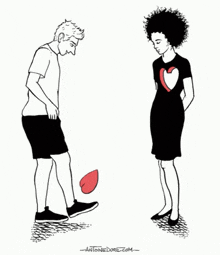 a man and a woman are standing next to each other and a man is kicking a heart .