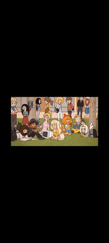 a cartoon of a group of people sitting on the grass