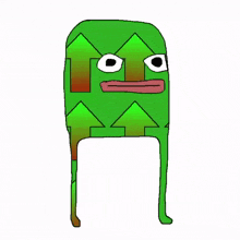 a cartoon drawing of a green monster with arrows pointing upwards