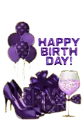 a happy birthday card with purple balloons gifts and a glass of wine