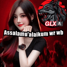 a girl wearing a watch is standing in front of a wolf logo that says glx