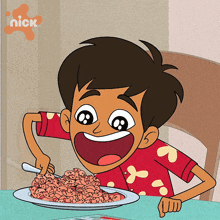 a cartoon of a boy eating a plate of food with a nick logo in the background