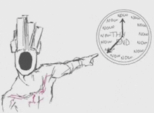 a drawing of a person pointing at a clock that says now .