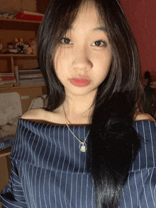 a girl wearing a blue striped off the shoulder top and a necklace