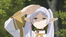 a cartoon character with white hair and red earrings salutes with her hand on her forehead