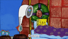 a cartoon of spongebob laying in bed with the words gmaple written on the bottom