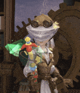 a cartoon character wearing a mask and goggles stands in front of gears