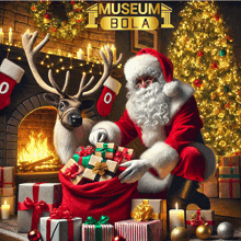 santa claus is sitting in front of a christmas tree with a bag full of gifts