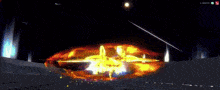 a computer generated image of a person in a video game surrounded by flames .