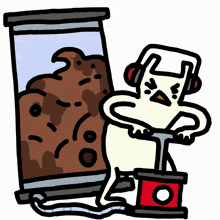 a cartoon drawing of a man wearing headphones pumping a red box