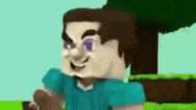 a drawing of a minecraft character with purple eyes and a blue shirt .