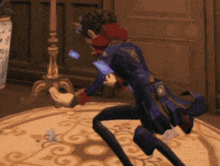 a man in a blue coat is standing on a rug with a butterfly on it