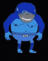 a blue gorilla wearing a yellow hard hat and boots