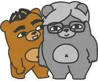 a brown teddy bear and a grey teddy bear with glasses