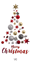 a merry christmas card with a christmas tree made up of decorations