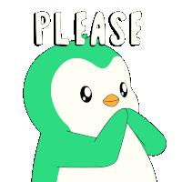 a green and white penguin with the word please written on it