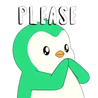 a green and white penguin with the word please written on it