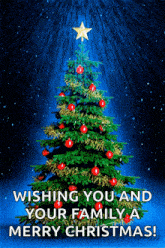 a christmas tree with a star on top and the words wishing you and your family a merry christmas below it