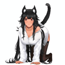 a girl with long black hair is kneeling down with a black tail