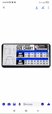 a screenshot of a jersey men 's size chart on a phone