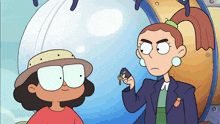 two cartoon characters are standing next to each other and one is holding a car key