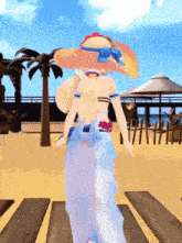 a cartoon girl is walking on a beach wearing a hat