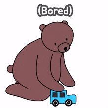 brown bear blue car toy bored