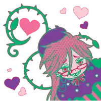 a drawing of a girl with pink hair and glasses