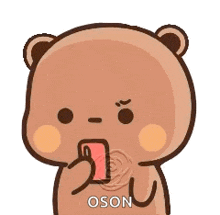 a cartoon teddy bear is holding a cell phone in its mouth and making a funny face .