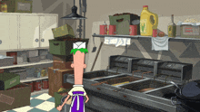 a cartoon character stands in front of a fryer with a bottle of olive oil