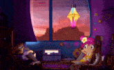 a cartoon character is sitting in front of a window