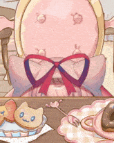 a cartoon drawing of a girl sitting at a table with cookies and a fork