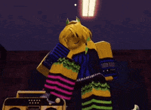 a cartoon character is standing in front of a boombox .