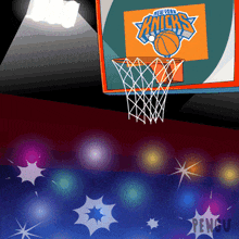 a basketball hoop with the new york knicks logo above it