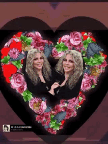 two women are surrounded by flowers in a heart shaped frame