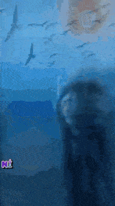 a blurry picture of birds flying over a body of water with the word exit on the bottom