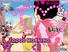 a picture of a boy wearing a pink hoodie with the words good morning written on it