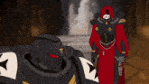 a cartoon of a man in a black helmet with skulls on it