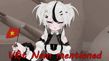 a girl with white hair is holding a small red flag with a yellow star on it