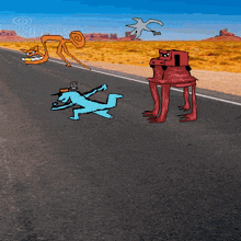 a cartoon of a man laying on the side of a road with a sign that says ' a ' on it