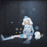 a doll in a blue and white outfit is sitting on the floor
