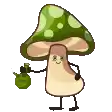 a cartoon mushroom with arms and legs is holding a green apple .