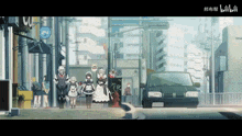 a group of anime characters are walking down a street with a sign that says 24