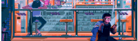 a pixel art illustration of a man sitting at a table looking at his phone .